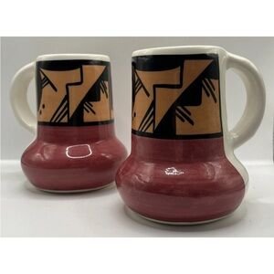 VINTAGE Ute Mountain Pottery Coffee Mugs Set of 2 Tribal Artist Signed 16oz OOAK